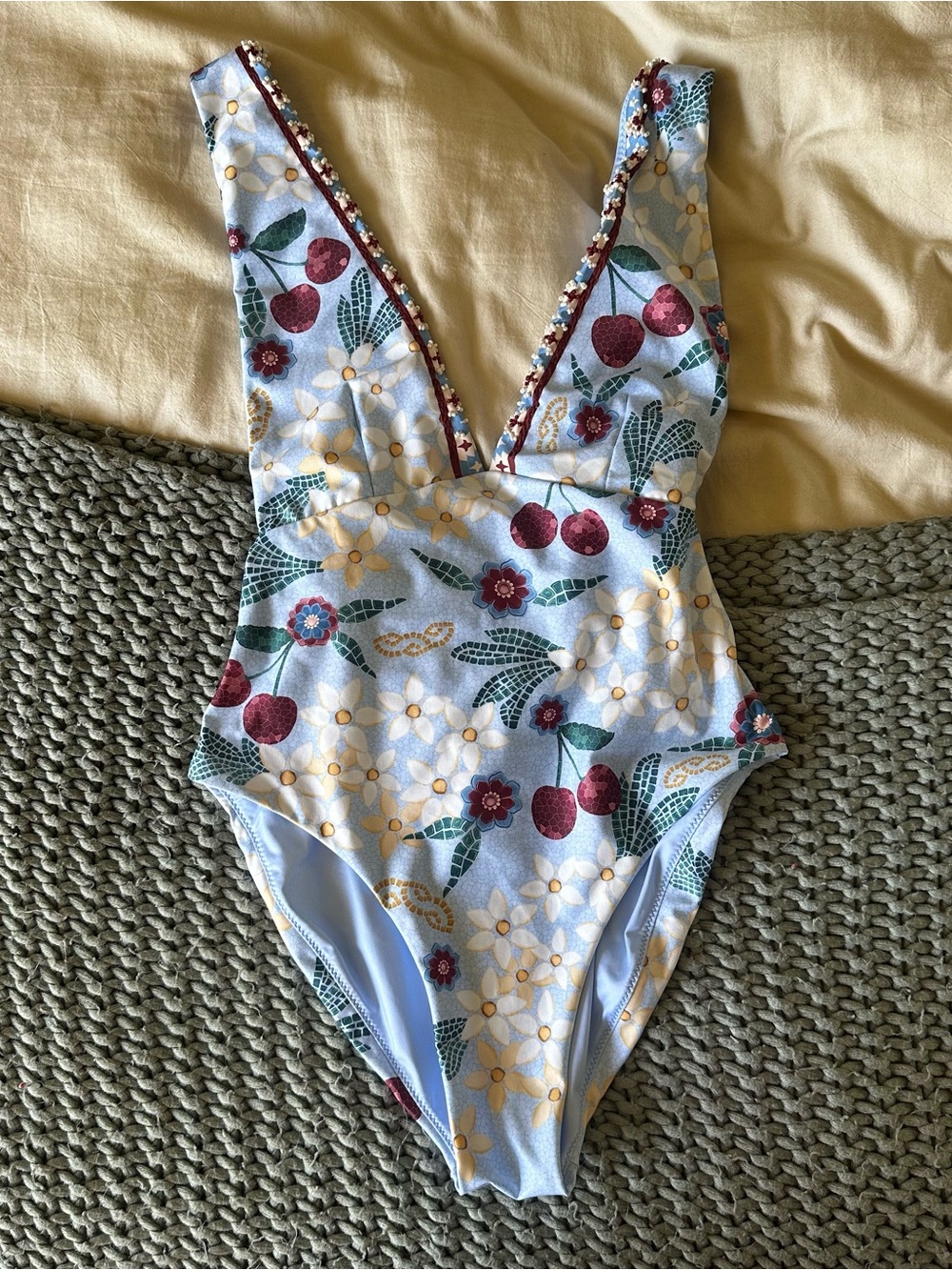 Agua Bendita x Anthropologie Tulipa One-Piece Swimsuit in Light Blue Cherries